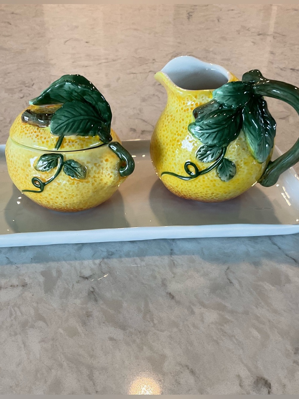 NWOT The Lemon Collection Ceramic Sugar Bowl & Creamer Set, Lemon Shaped